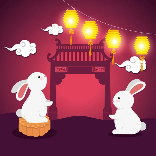 Lapins avec des lanternes qui s'illuminent et des nuages — Image vectorielle