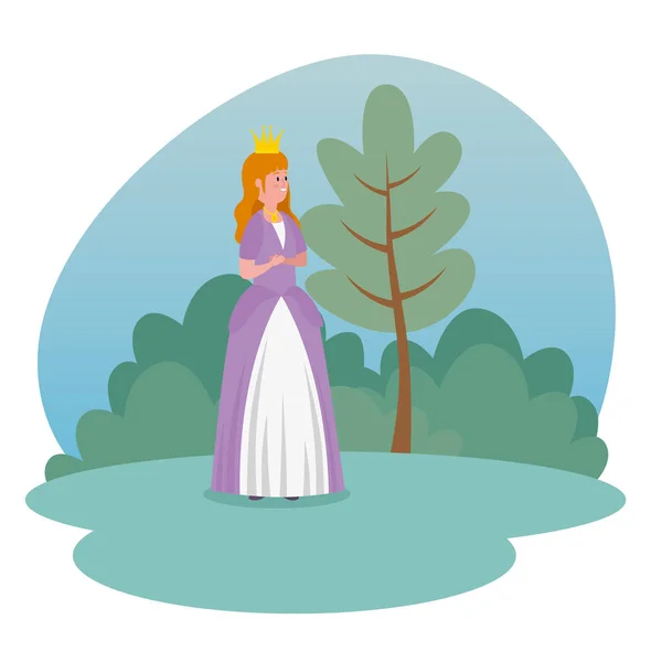 Princesa menina com coroa e vestido ao lado de árvore e arbustos — Vetor de Stock