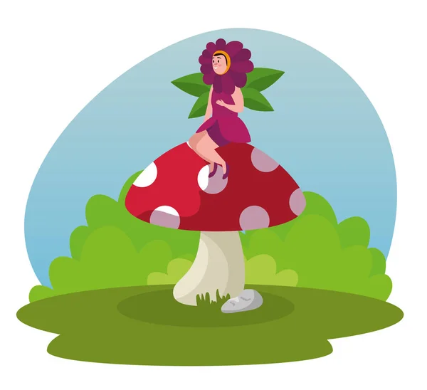 Meisje Flower Fairy zittend in de schimmel plant — Stockvector