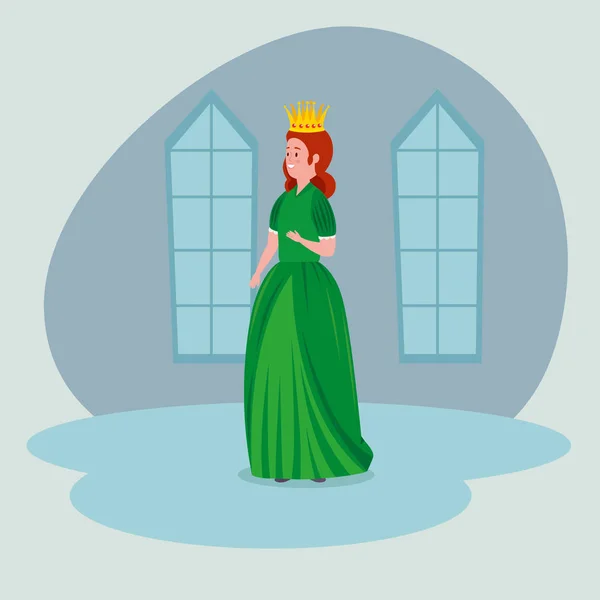 Mujer reina con corona y vestido en el castillo — Vector de stock