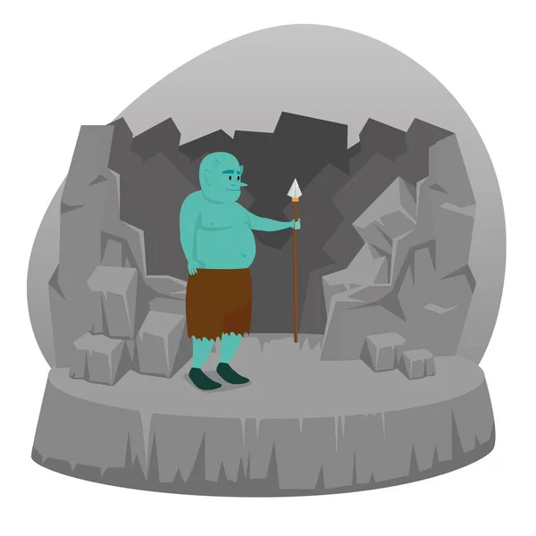 Troll mignon avec lance dans l'écusson de pierre — Image vectorielle