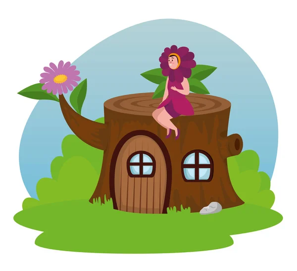 Fée des fleurs assis dans la maison tronc arbre — Image vectorielle