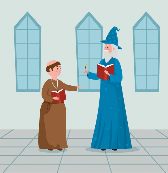 Mönch und Zauberer mit Buch und Zauberstab — Stockvektor