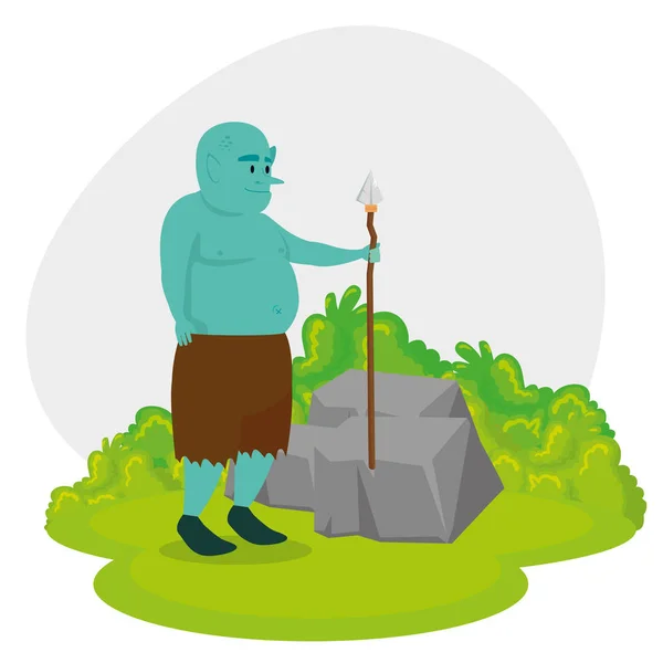 Troll avec lance et pierre avec buissons plantes — Image vectorielle
