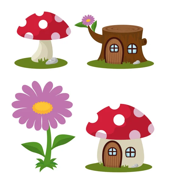 Набор грибкового растения с домиком на стволе дерева и цветком — стоковый вектор