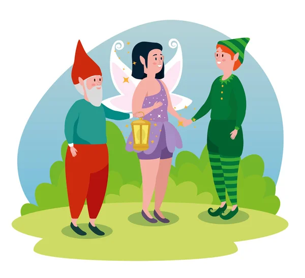 Man gnome met meisje fee en jongen elf — Stockvector