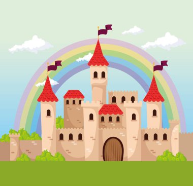 gökkuşağı ile bayraklar ve bulutlar ile ortaçağ kale