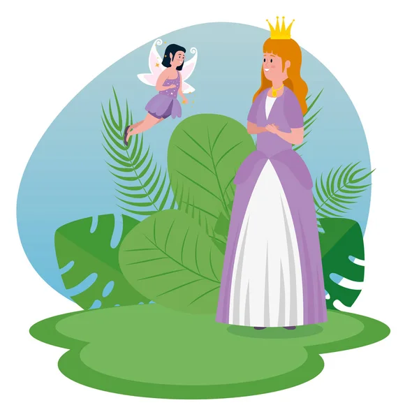 快乐公主与皇冠和仙女飞行 — 图库矢量图片
