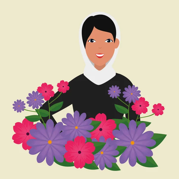 Λουλούδια και φύλλα με χαρούμενο σχεδιασμό γυναίκα — Διανυσματικό Αρχείο