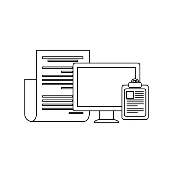 Computador desktop com documento em papel — Vetor de Stock