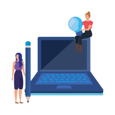 dizüstü bilgisayar karakterleri ile genç kadınlar