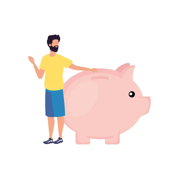 Joven con carácter de ahorro de cerdo — Vector de stock