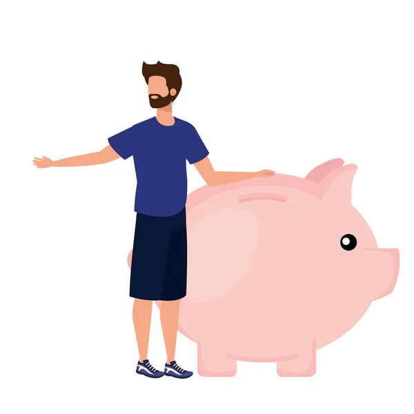 Joven con carácter de ahorro de cerdo — Vector de stock