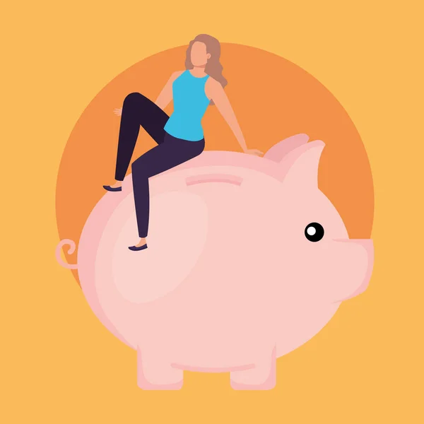 Mujer joven con carácter de ahorro de cerdo — Vector de stock