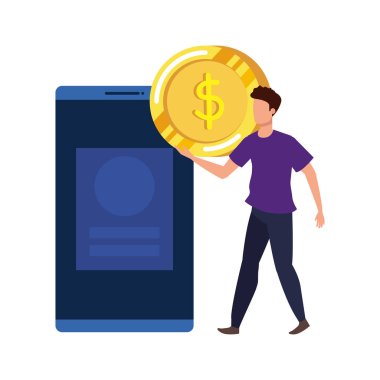 akıllı telefon ve para karakteri ile genç adam