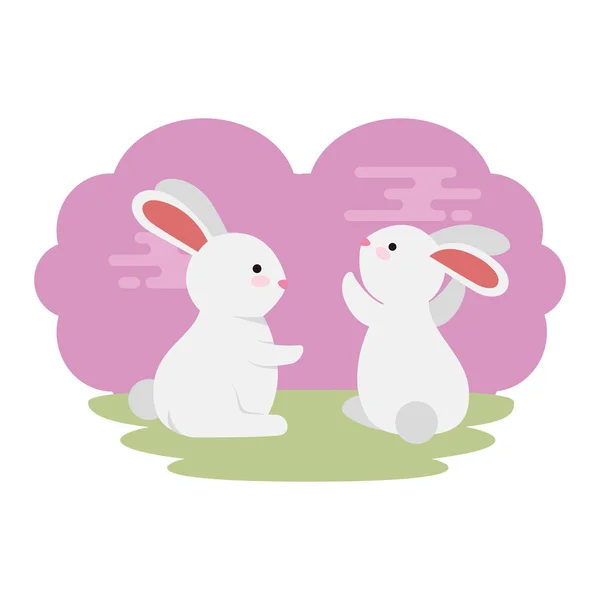 Мила і маленька пара кроликів у трав'яних персонажах — стоковий вектор