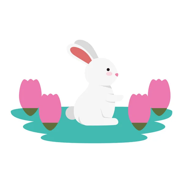 Cute and little rabbit in roses garden scene — Stock Vector