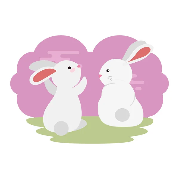 Mignon et petits lapins couple dans l'herbe personnages — Image vectorielle