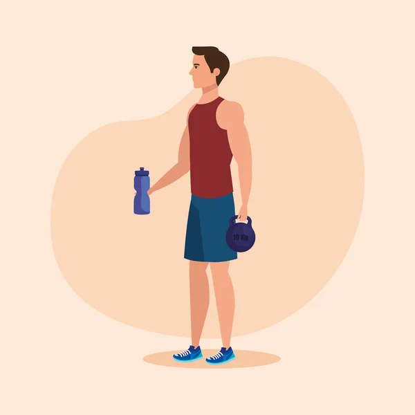 Su şişesi ve ağırlığı ile fitness adam — Stok Vektör