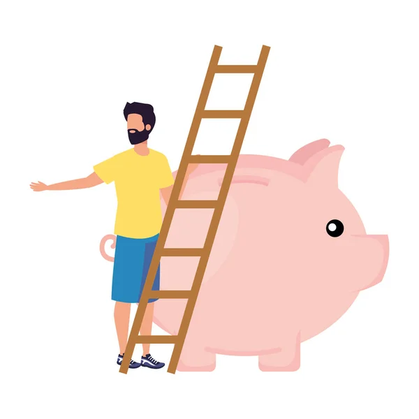 Joven con ahorros de cerdito y escalera — Archivo Imágenes Vectoriales