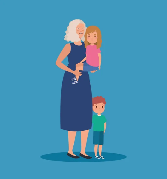 Χαμόγελο γιαγιά με κορίτσι και αγόρι παιδιά με χτένισμα — Διανυσματικό Αρχείο