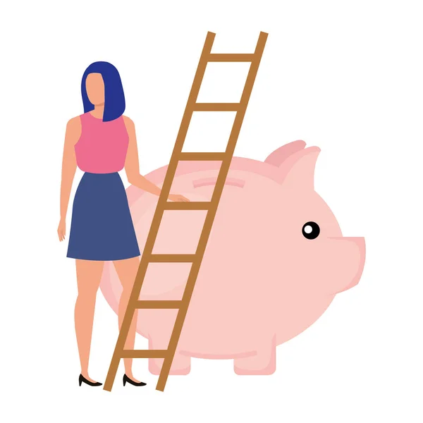 Mujer joven con ahorros de cerdito y escaleras — Archivo Imágenes Vectoriales