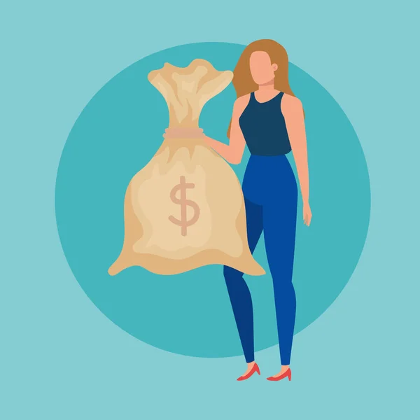 Giovane donna con carattere borsa soldi — Vettoriale Stock