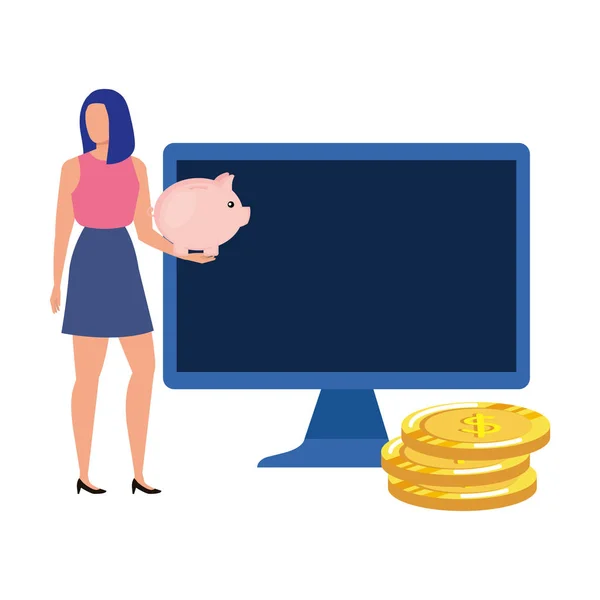 Jeune femme avec bureau et argent — Image vectorielle