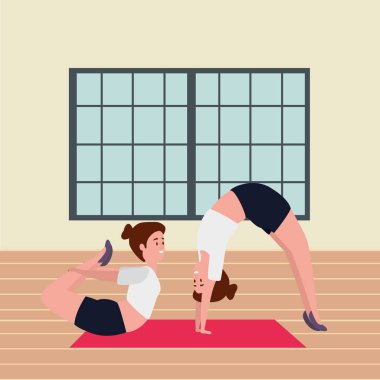 güzellik kız çift spor salonunda pilates pozisyonu pratik