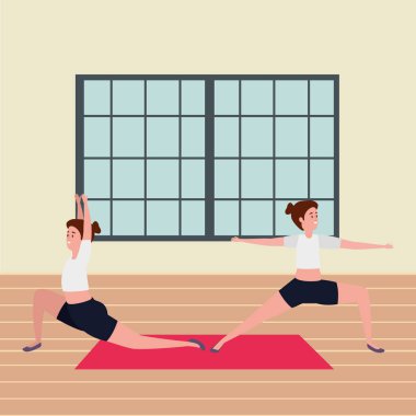 güzellik kız çift spor salonunda pilates pozisyonu pratik