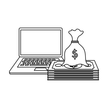dizüstü bilgisayar ve çuval ile para dolar faturaları