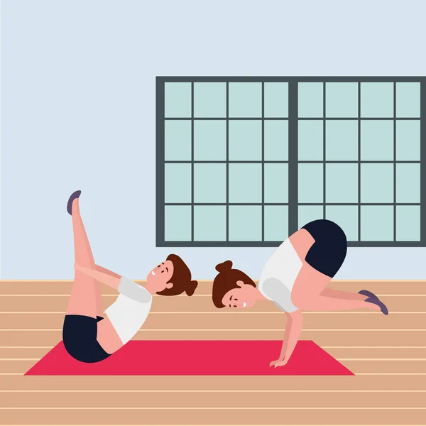 Meninas de beleza casal praticando pilates posição no ginásio —  Vetores de Stock