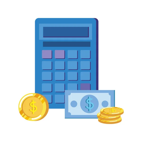 Moedas e notas dinheiro dólares com calculadora — Vetor de Stock