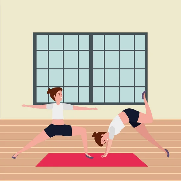 Beauty girls couple practicing pilates position in the gym — Stock Vector