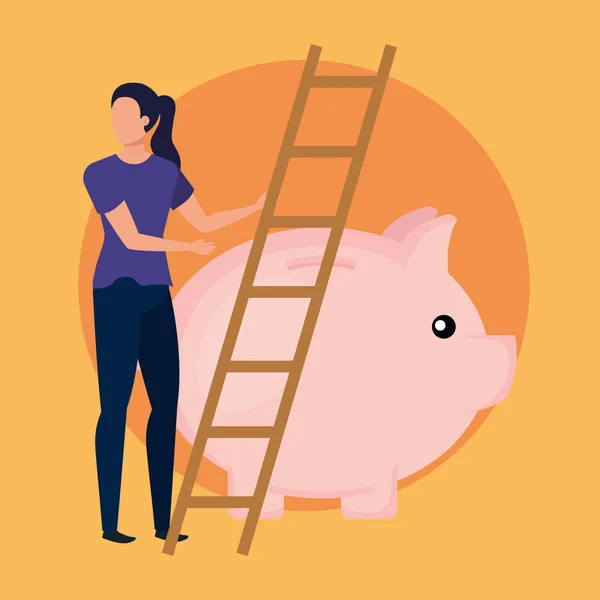 Молодая женщина со свиньями сбережения и лестницы — стоковый вектор