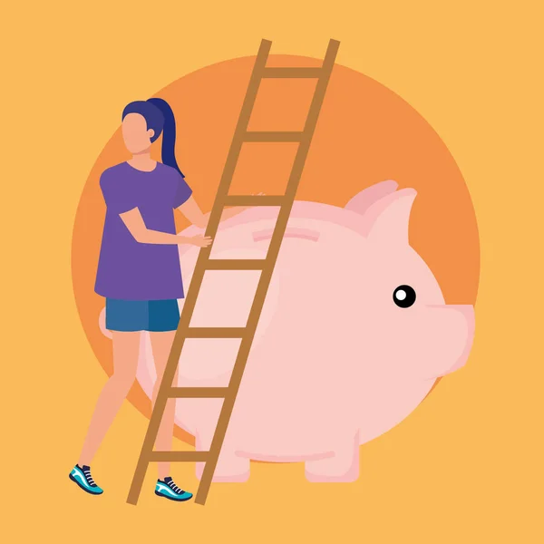 Mujer joven con ahorros de cerdito y escaleras — Archivo Imágenes Vectoriales