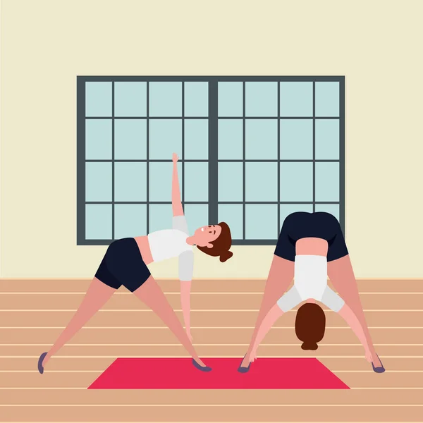 Beauty girls couple practicing pilates position in the gym — Stock Vector