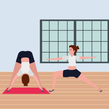 güzellik kız çift spor salonunda pilates pozisyonu pratik