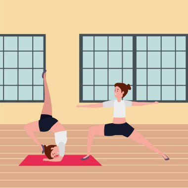 güzellik kız çift spor salonunda pilates pozisyonu pratik