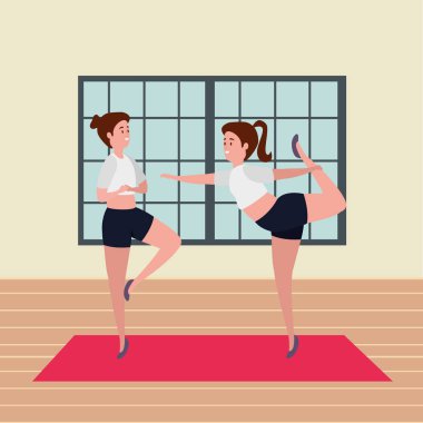 güzellik kız çift spor salonunda pilates pozisyonu pratik