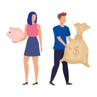 piggy ve para çuval karakterleri ile genç çift