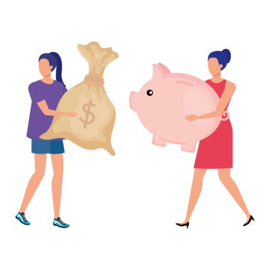 domuz tasarruf ve para çuval ile genç kadınlar