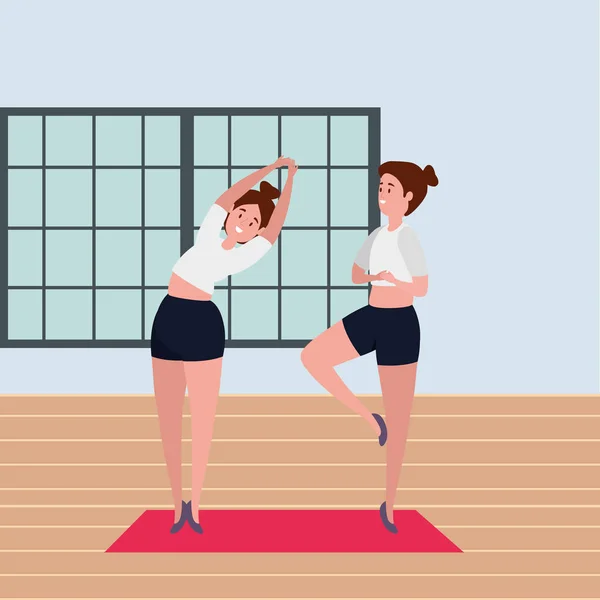 Meninas de beleza casal praticando pilates posição no ginásio — Vetor de Stock
