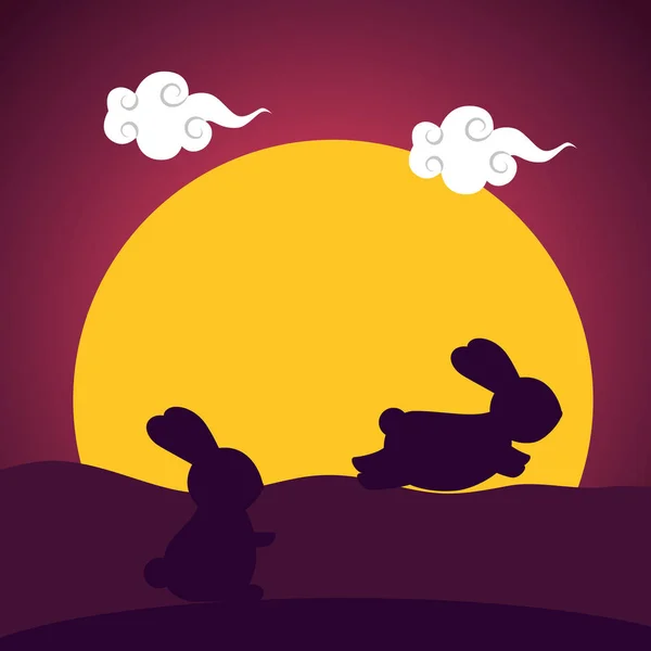 Silhouette of rabbits couple in the sunset camp — Stock Vector