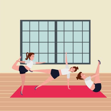 güzellik kızlar grubu spor salonunda pilates pozisyonu pratik