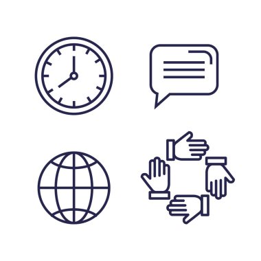 takım çalışması elleri ile sohbet balonu ve küresel rapor ile saat kümesi