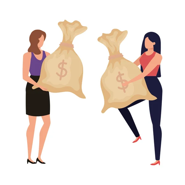 Mulheres jovens com dinheiro saca personagens —  Vetores de Stock