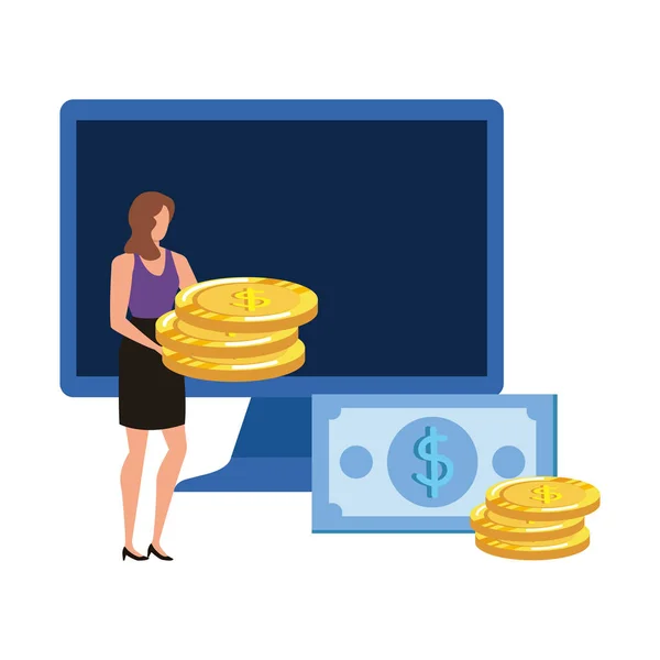 Jeune femme avec bureau et argent — Image vectorielle