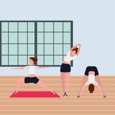 güzellik kızlar grubu spor salonunda pilates pozisyonu pratik