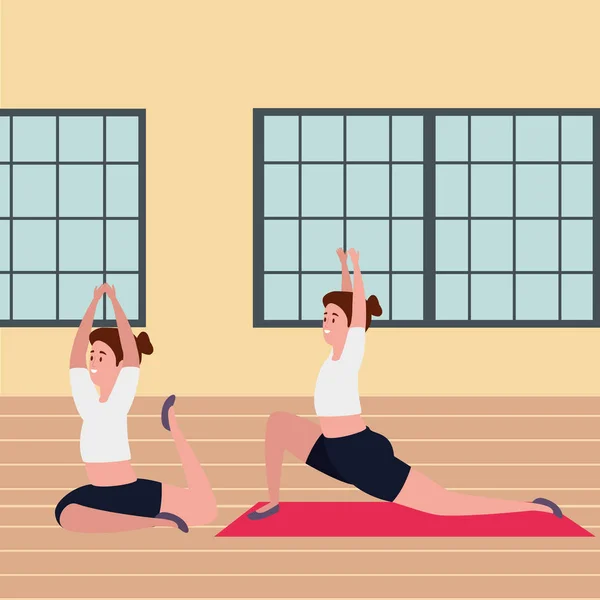 Schönheit Mädchen Paar praktiziert Pilates-Position in der Turnhalle — Stockvektor